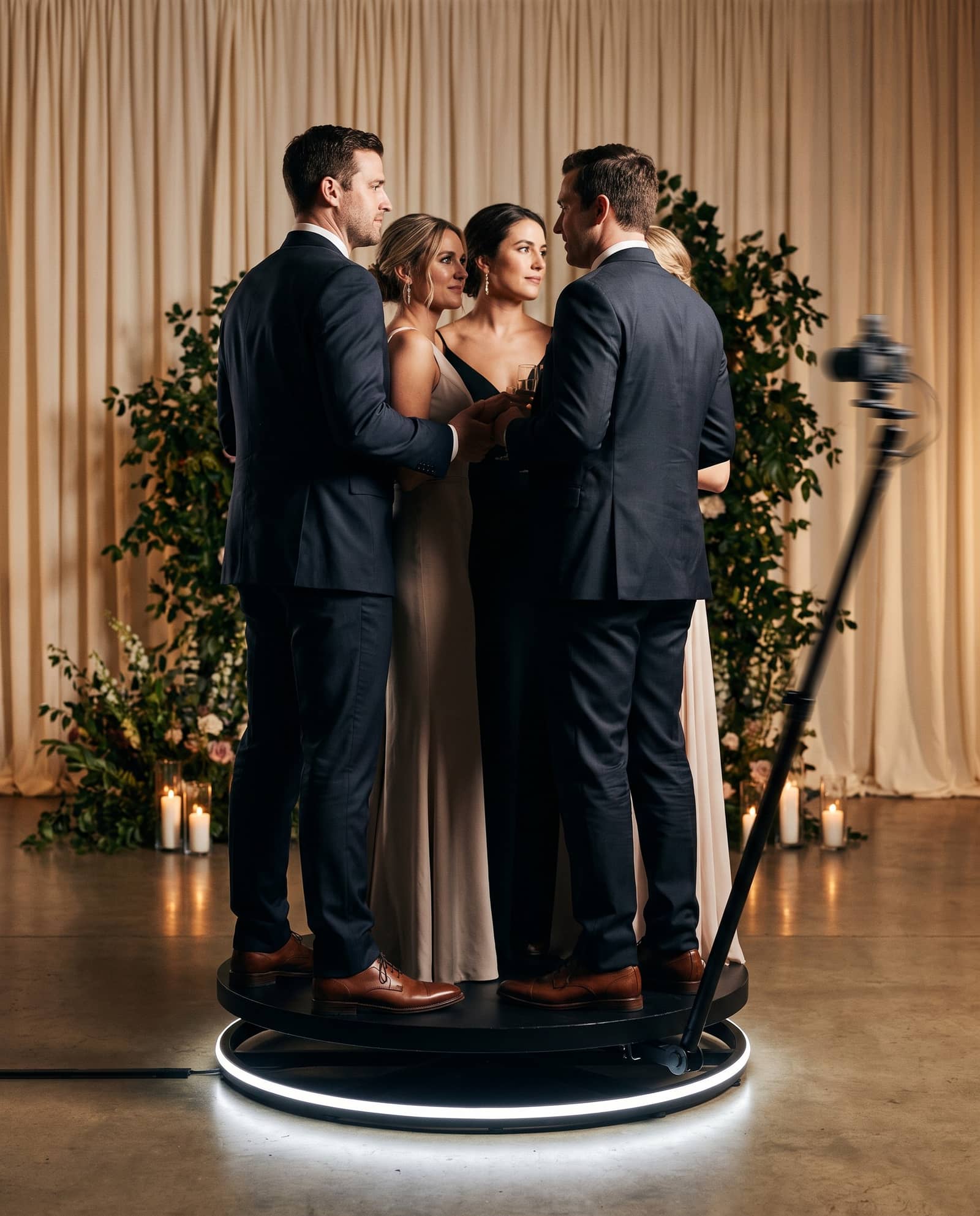 Four guests in formal wear standing together on a lit 360 photo booth platform while the camera arm sweeps around them at a wedding reception