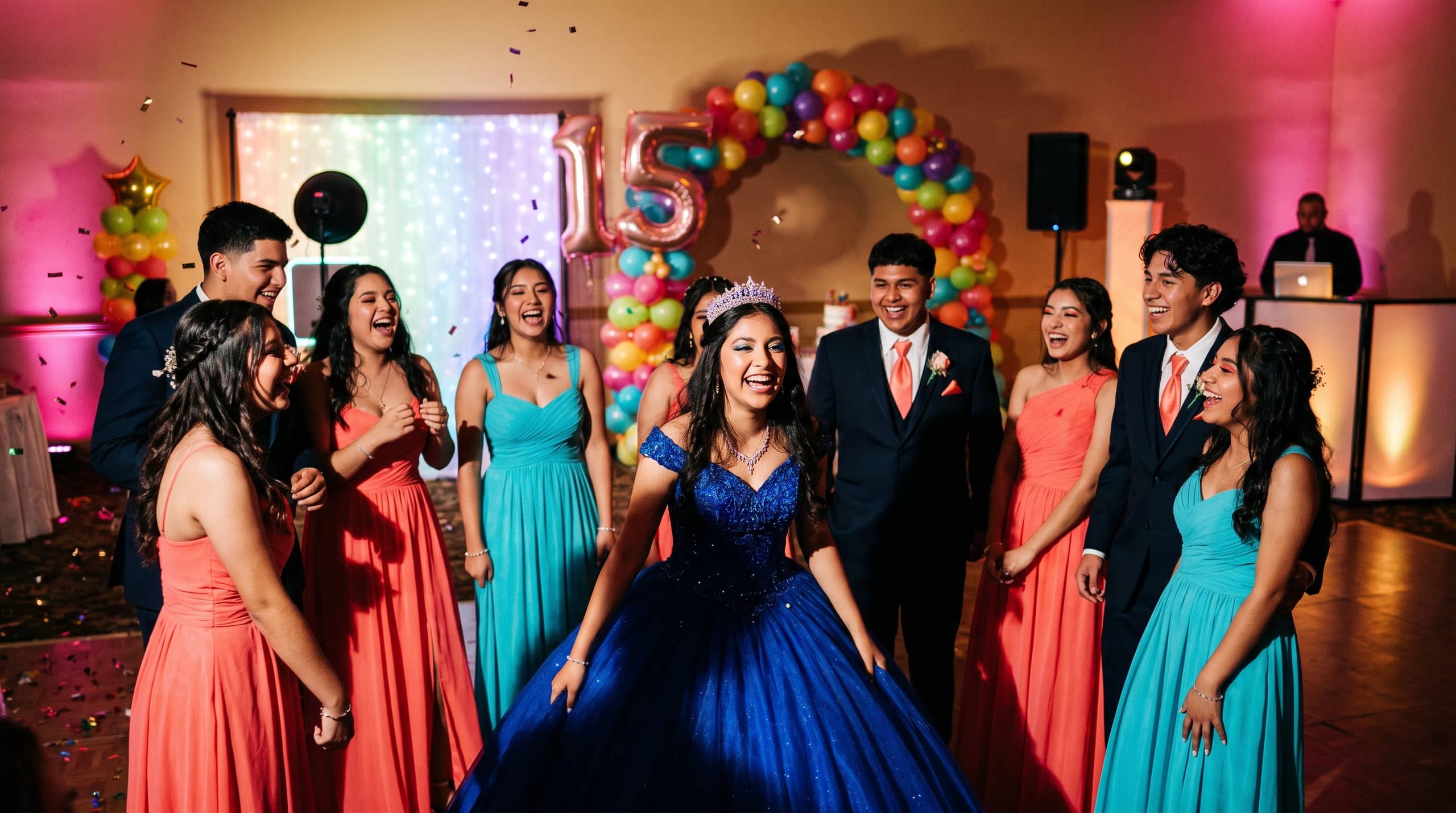 A quinceanera in a royal blue gown and tiara laughing with her court of friends in coral and turquoise, in front of a balloon arch and a number fifteen balloon display
