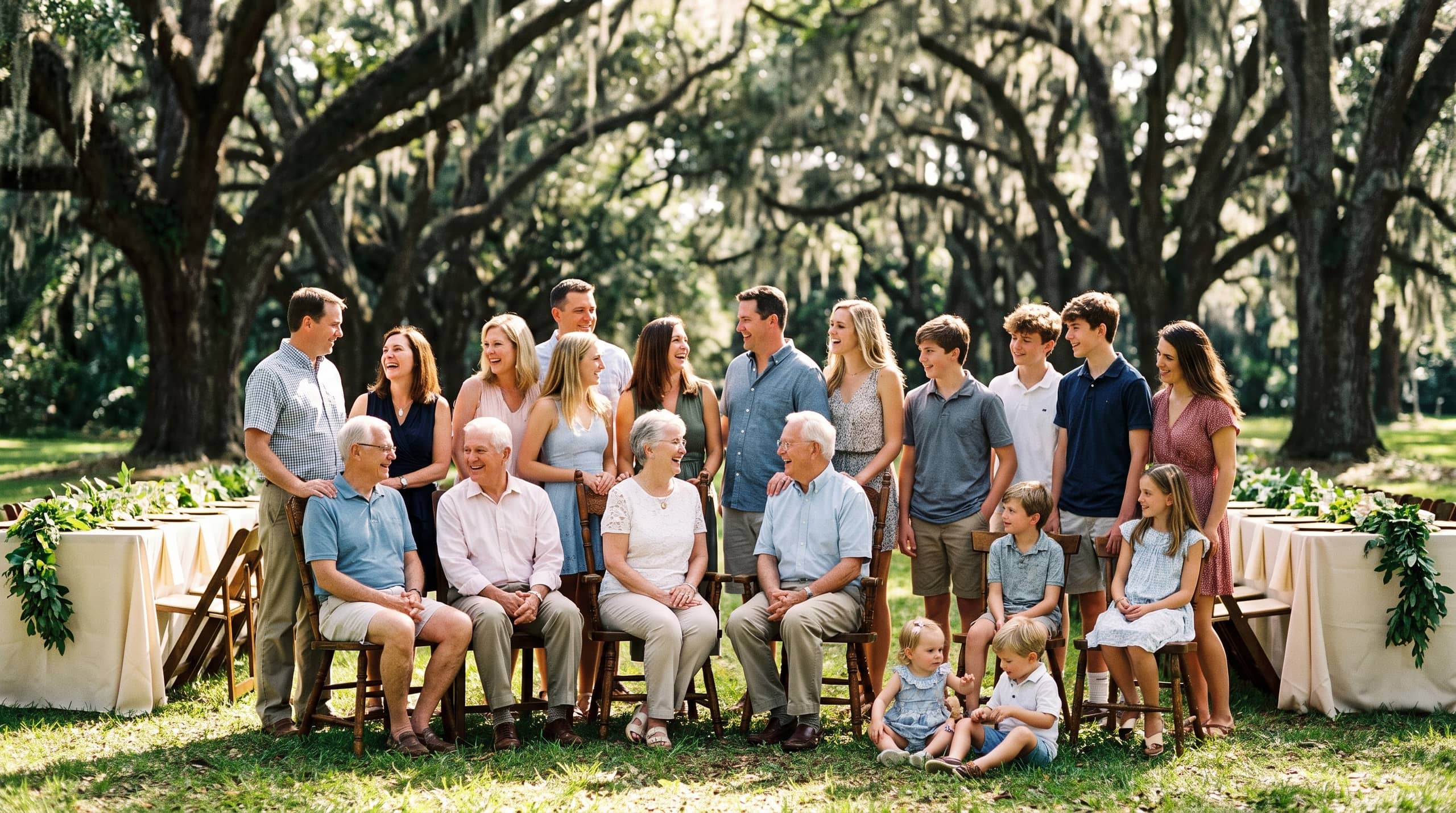 Four generations of one family together outdoors at a reunion in a Florida park on a sunny afternoon, under live oak trees