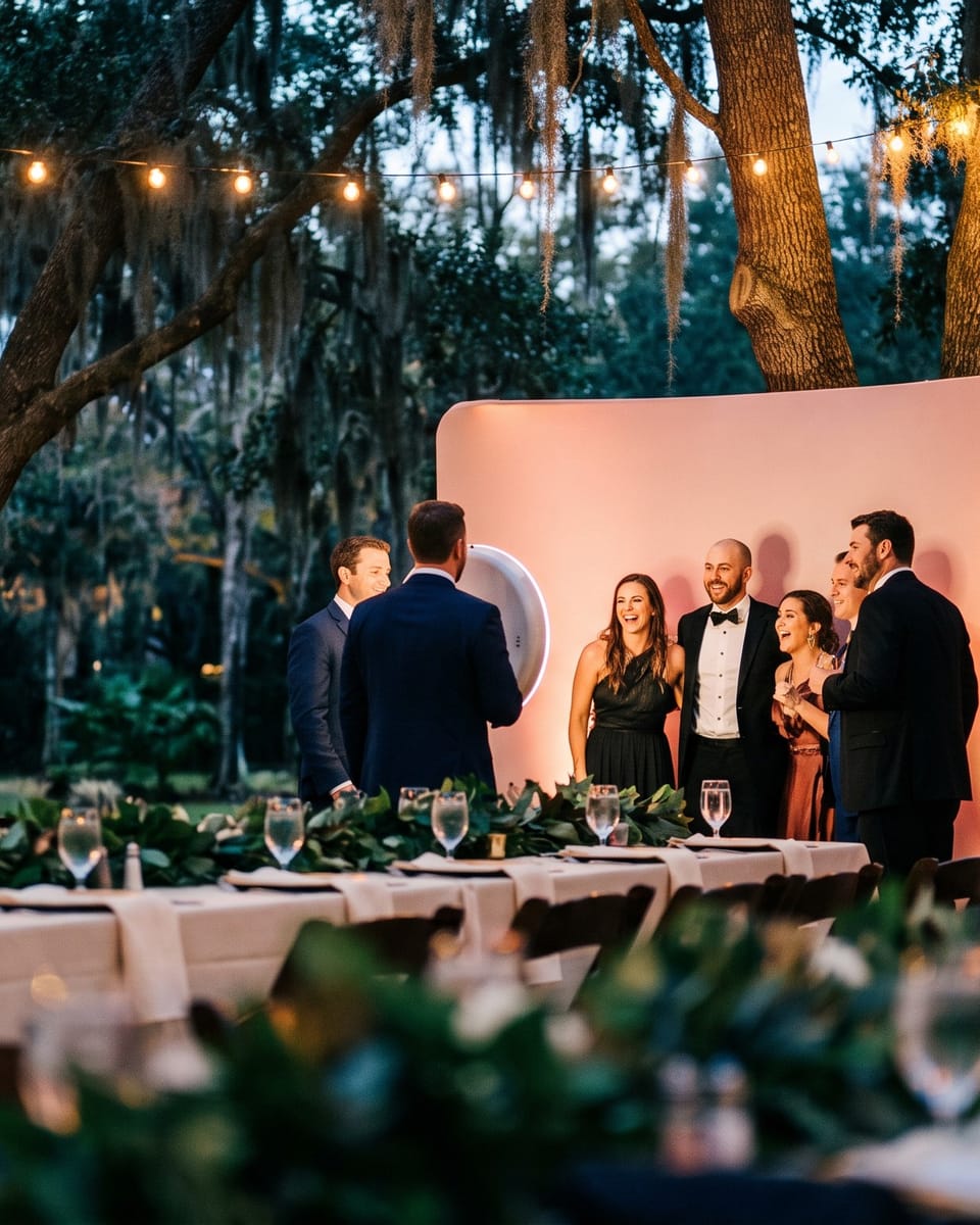 Wedding guests laughing together in front of a softly glowing photo booth backdrop at an outdoor Central Florida reception at dusk, under string lights and live oaks